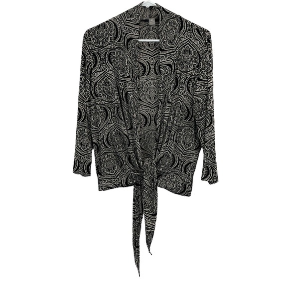 Womens Chico's Travelers 0 US S Tie Front Cardigan Black Beige Pattern‎ Slinky - Picture 1 of 6